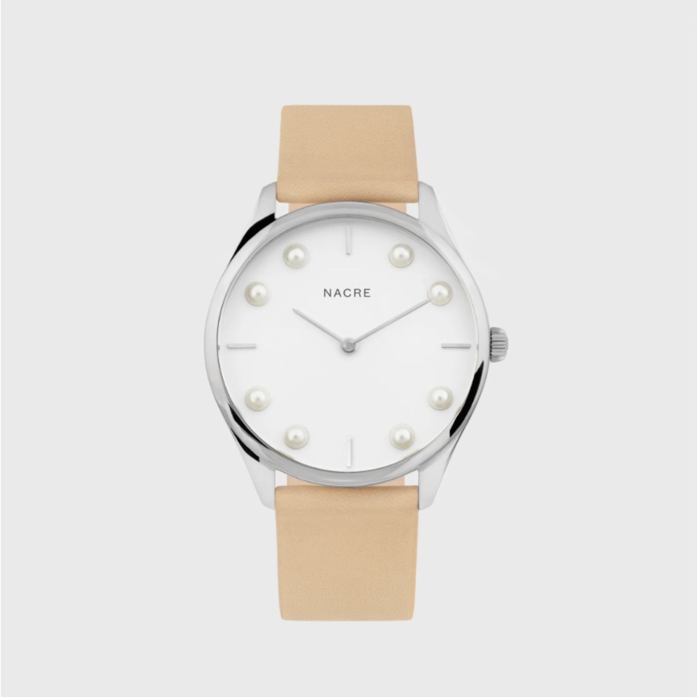 Nacre Women’s Tan Leather Watch NWT Minimalist Pearl Dial Italian Strap
